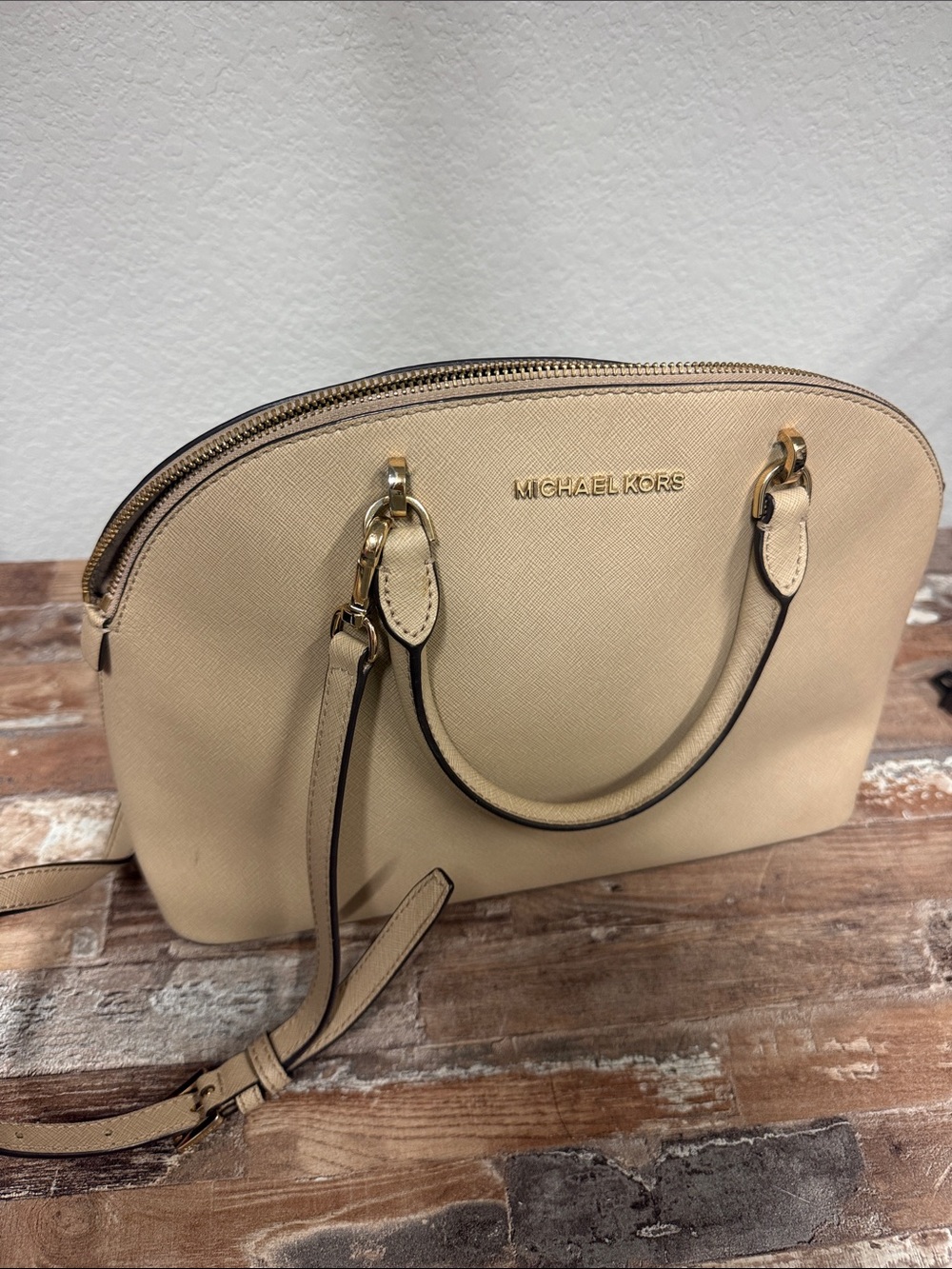 Michael Kors Cream Saffiano Dome Satchel with Gold Hardware